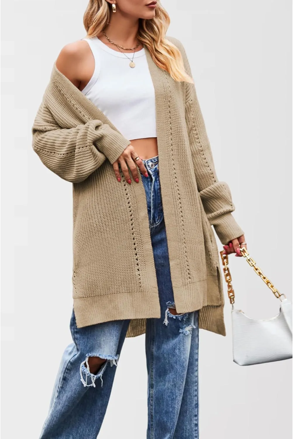 Women's Oversized Open Front Cardigan Lightweight Long Sleeve Knit Sweater with Pockets