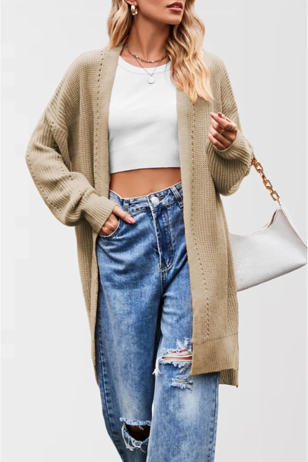 Women's Oversized Open Front Cardigan Lightweight Long Sleeve Knit Sweater with Pockets